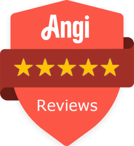 A red Angi badge with five gold stars and the word 