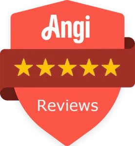 A red Angi badge with five gold stars and the word 