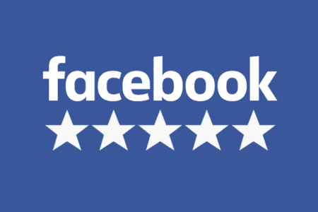 big-Facebook 5 Star White Facebook logo above five white stars on a blue background, suggesting a five-star rating.