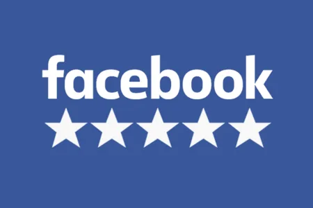 White Facebook logo above five white stars on a blue background, suggesting a five-star rating.